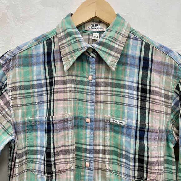 Vintage Guess Plaid Western Shirt Medium Womens Guess Snaps Button Down Shirt M - Picture 2 of 16
